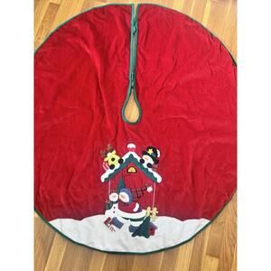 Red Velvet Christmas Tree Skirt Green Trim Snowmen  Holiday Reindeer 44 Inch